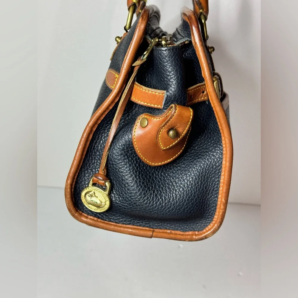 Dooney & Bourke Black Pebbled Leather Double Handle Satchel Bag -VTG Made in USA